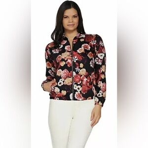 Denim & Co. Floral Print Zip-Front Bomber Jacket